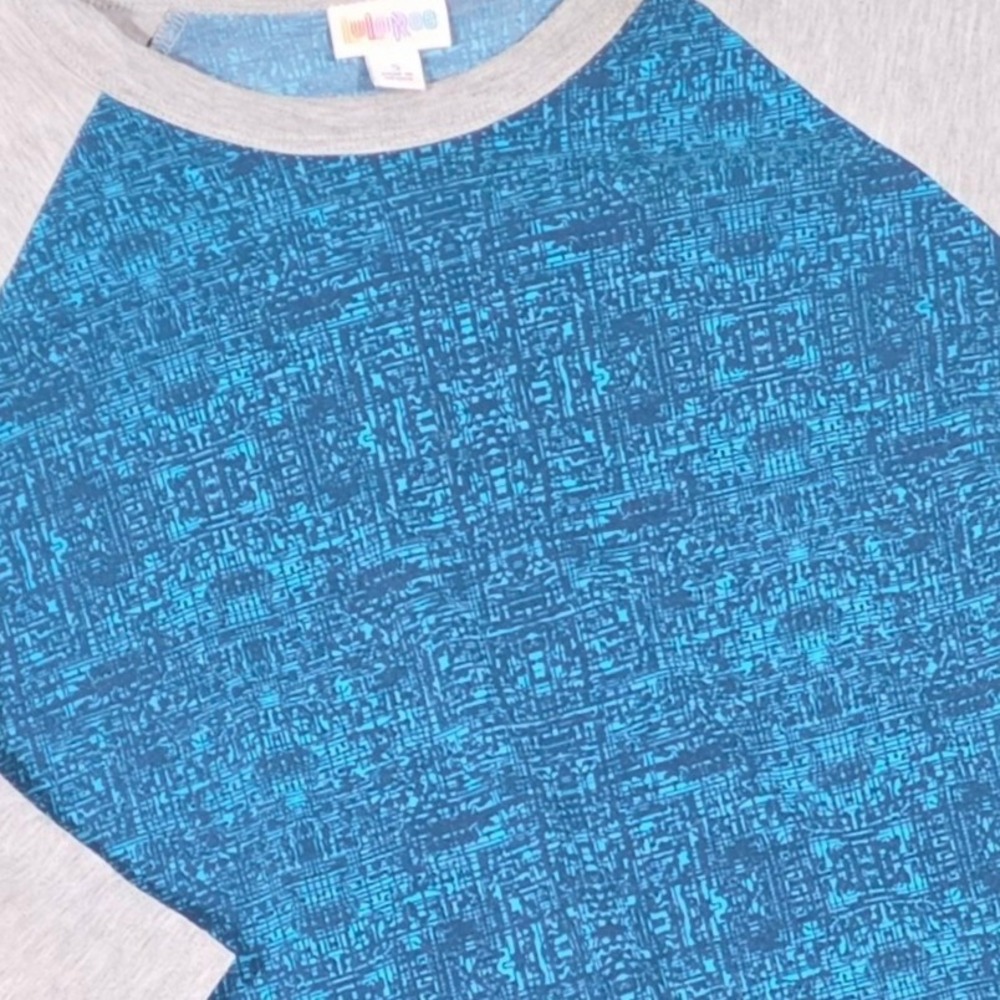 LuLaRoe Randy Baseball Tee Small Teal Navy Geometric Circuit Heather Gray Sleeve